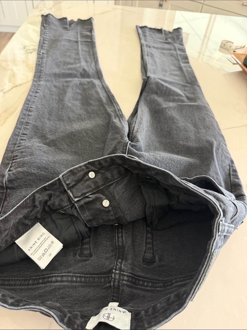 Anine Bing Black Roy Jeans Size 30 V-Split Front Cuff Raw Edge Full Length